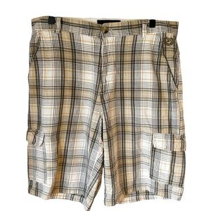 Phat Farm Baggy Plaid Mens Preppy Indie Cargo Shorts Size 34 Tan With Logo